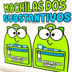 Ilustração de mochilas com exemplos de substantivos próprios e comuns.