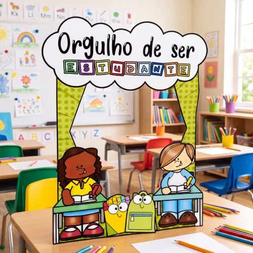 Arco de celebração do Dia do Estudante com crianças felizes na sala de aula.