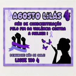 Campanha de conscientização do Agosto Lilás com símbolo de luta contra a violência.