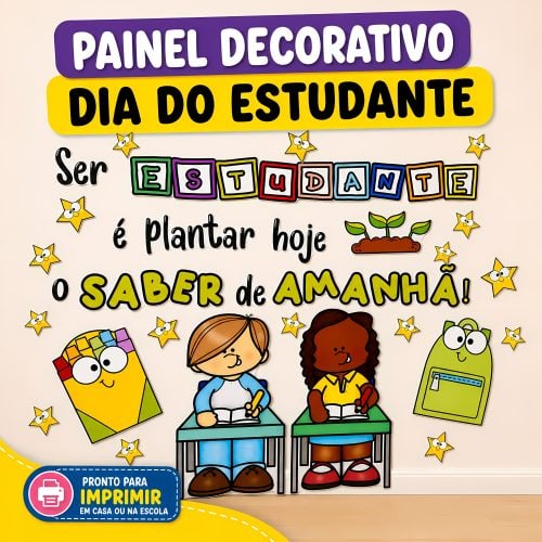 Painel decorativo com tema do Dia do Estudante e desenhos de crianças na escola.