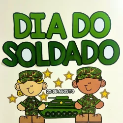Ilustração de soldados comemorando o Dia do Soldado com tanque e estrelas.