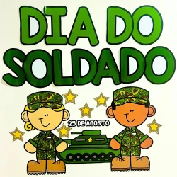 Ilustração de soldados comemorando o Dia do Soldado com tanque e estrelas.
