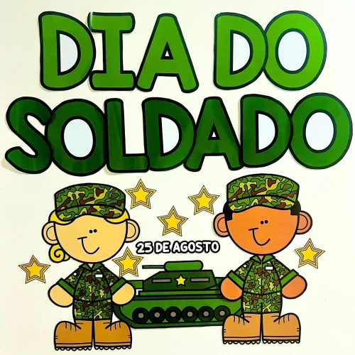 Ilustração de soldados comemorando o Dia do Soldado com tanque e estrelas.