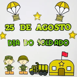 Ilustração comemorativa do Dia do Soldado com soldados, caminhão e símbolos militares.