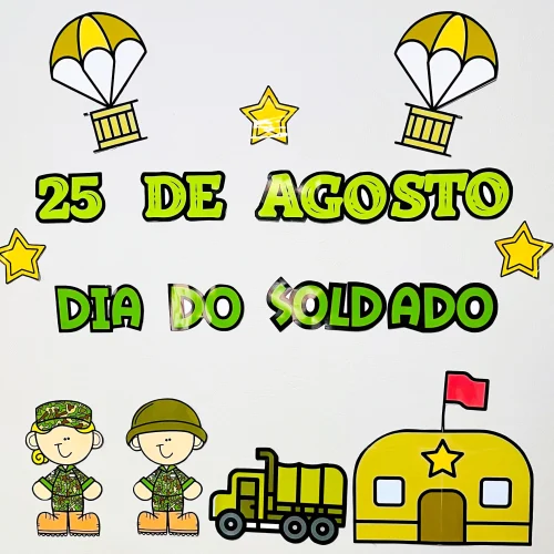 Ilustração comemorativa do Dia do Soldado com soldados, caminhão e símbolos militares.