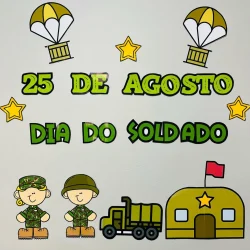 Decoração comemorativa do Dia do Soldado com soldados, caminhão e símbolos militares.
