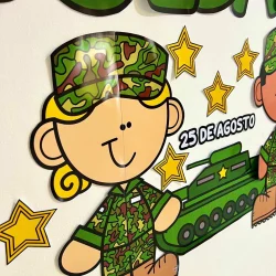 Ilustração de soldado infantil com uniforme camuflado e tanque.