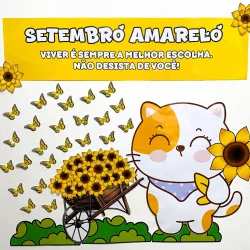 Gatinho fofo com girassóis e borboletas amarelas para Setembro Amarelo.