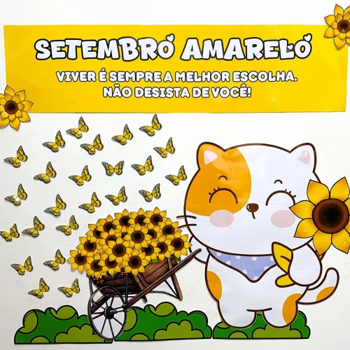 Gatinho fofo com girassóis e borboletas amarelas para Setembro Amarelo.