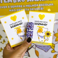 Cartões de conscientização Setembro Amarelo com mensagem de apoio emocional.