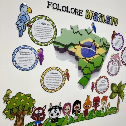 Painel colorido com mapa do Brasil e personagens folclóricos.