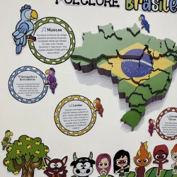 Mapa do Brasil com elementos do folclore brasileiro e personagens tradicionais.