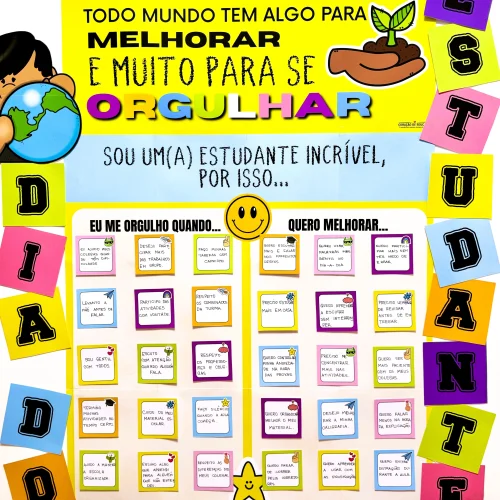 Painel interativo com mensagens de orgulho e melhorias para estudantes.