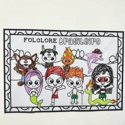 Painel de colorir com personagens do folclore brasileiro para atividades educativas.