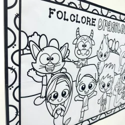 Painel de colorir com personagens do folclore brasileiro para crianças.