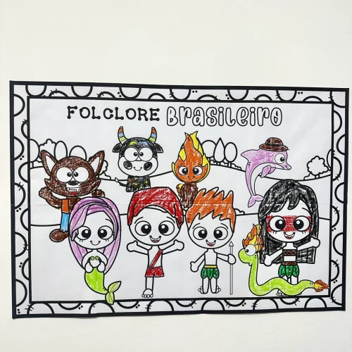 Painel de colorir com personagens do folclore brasileiro para atividades educativas.