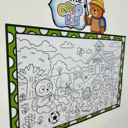 Painel de colorir com crianças na escola e natureza para volta às aulas.