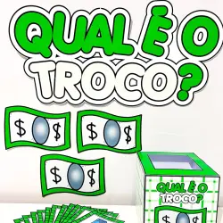 Ilustração de dinheiro e caixa de doações para ensino de troco.
