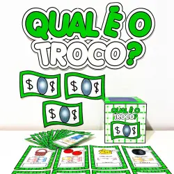 Jogo educativo sobre troco com dinheiro de mentira e cartas de valores.
