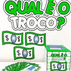 Ilustração de dinheiro e caixa de troco para ensino de matemática.