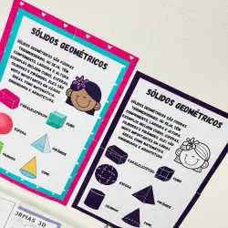 Cartaz de sólidos geométricos com figuras e atividades educativas.