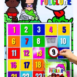Painel interativo de trava-línguas do folclore com números coloridos e personagens folclóricos.