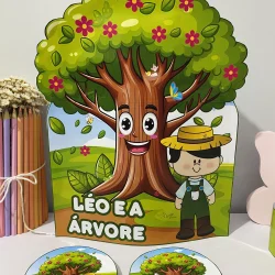Luva Léo e a árvore com personagem infantil e elementos da natureza.