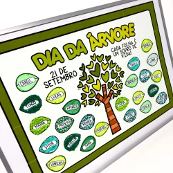 Cartaz colaborativo do Dia da Árvore com nomes e desenhos de árvores.