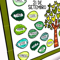 Cartaz do Dia da Árvore com nomes de alunos e árvore ilustrada.
