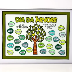 Cartaz com árvore e nomes de crianças para o Dia da Árvore.
