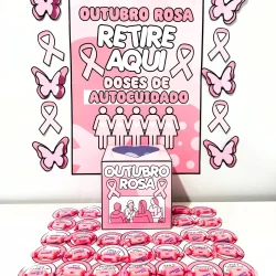 Ação de conscientização Outubro Rosa com laços e mensagens de autocuidado.