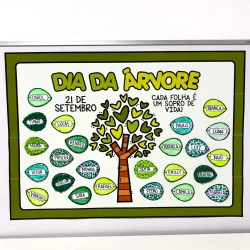 Cartaz do Dia da Árvore com nomes de alunos e árvore ilustrada.