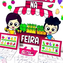 Crianças aprendendo sobre frutas e verduras na feira escolar.
