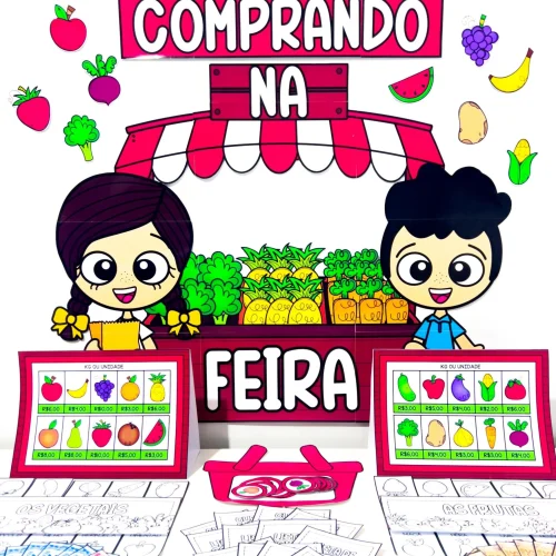 Crianças brincando em feira de frutas e verduras colorida.