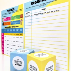 Material educativo com dado de verbos e quadro para prática de conjugação verbal.