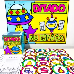 Material de atividades de ditado com tema espacial para crianças.