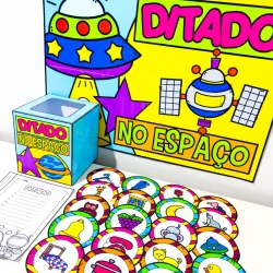 Material de atividades de ditado com tema espacial para crianças.