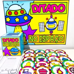 Material de atividades de ditado com tema espacial para crianças.