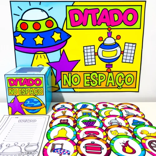 Material de atividades de ditado com tema espacial para crianças.