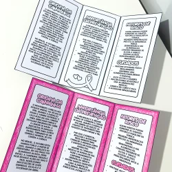 Cartazes informativos sobre Outubro Rosa com dicas de prevenção e fatores de risco.
