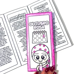 Material informativo sobre o Outubro Rosa com ilustração de personagem e calendário.