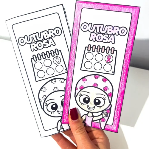 Cartões de conscientização Outubro Rosa com personagem infantil e calendário rosa.