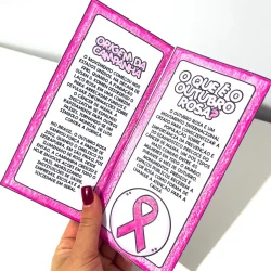 Folder informativo sobre Outubro Rosa e conscientização do câncer de mama.