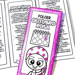 Imagem de folder informativo sobre o Outubro Rosa com ilustrações e texto educativo.