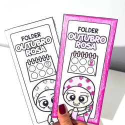 Folder Outubro Rosa com ilustração de personagem e calendário rosa.
