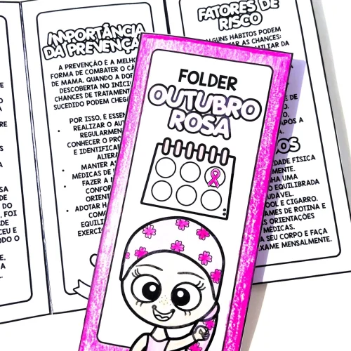 Imagem de folder informativo sobre o Outubro Rosa com ilustrações e texto educativo.