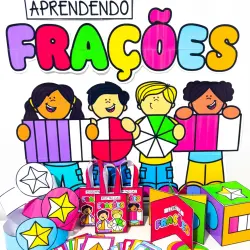 Crianças aprendendo frações com livros e jogos educativos.