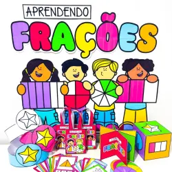 Material didático de frações com crianças e jogos educativos coloridos.