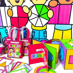 Material didático de frações com desenhos de crianças e jogos educativos.