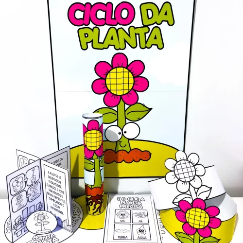 Material educativo sobre o ciclo da planta com desenhos coloridos e atividades.